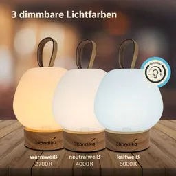 Drei dimmbare Lampen in verschiedenen Lichtfarben: warmweiß, neutralweiß und kaltweiß auf einem Holztisch.