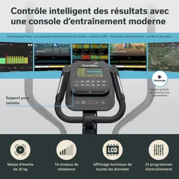 Konsolenübersicht eines Fitnessgeräts mit Bedienfeldern, Bildschirm und Tablet-Halter, umgeben von Informationsgrafiken.