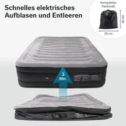 Luftbett mit grauer Oberseite und schwarzem Rand, daneben zusammengefaltete Version im Sackleinen. Hinweis auf schnelles Aufblasen in 3 Minuten.