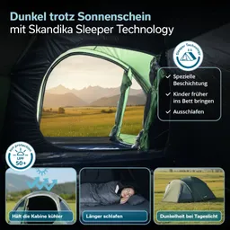 Zelt mit offenen Fenstern, durch die eine Landschaft mit Bergen und Wiesen sichtbar ist. Text beschreibt die Vorteile der Schlaftechnologie.