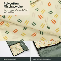 Bunte Polycotton-Mischgewebe mit abstraktem Muster auf einem hellen Hintergrund. Teile eines Schlafsacks sind sichtbar.