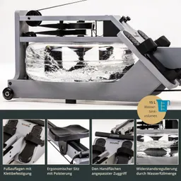 Rudergerät mit einem transparenten Wassertank, grauem Rahmen und ergonomischem Sitz. Fußauflagen mit Klettbefestigung sichtbar.