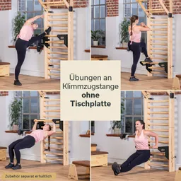 Kombination aus vier Bildern mit Übungen an einer Klimmzugstange. Es wird ein helles, modernes Raumambiente gezeigt.