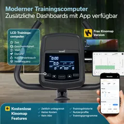 LCD-Trainingscomputer mit Anzeige für Zeit, Geschwindigkeit, Watt, Distanz, Kalorienverbrauch und Herzfrequenz.