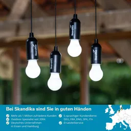 Hängende LED-Lampen mit schwarzen Fassungen vor einem unscharfen Hintergrund. Oben ein blauer Bereich mit Text.