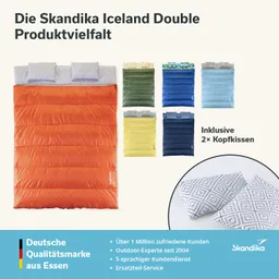 Zwei Personen-Schlafsäcke in verschiedenen Farben, orange und grün, sowie zwei Kopfkissen mit grafischem Muster.