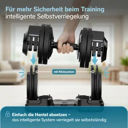 Hantel mit Klicksystem wird von einer Person gehalten, die sie gerade absetzt. Im Hintergrund ein heller Raum mit Möbeln.