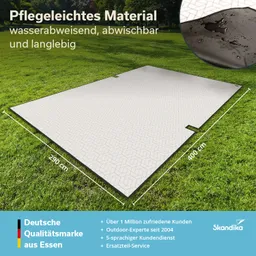 Rasenfläche mit einem großen, hellen, strukturierten Bodenbelag. Maße sind 290 cm x 400 cm. Grafische Informationen im unteren Bereich.