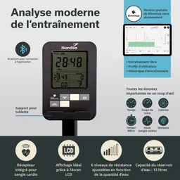 Display eines Fitnessgeräts mit digitaler Zeit-Anzeige und LCD-Bildschirm. Hinweise zu Funktionen und Unterstützung für Tablets.