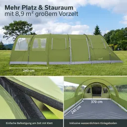 Zelt in grüner Farbe mit Vorzelt, Maßangaben und Details zu Befestigung und wasserdichtem Boden. Hintergrund zeigt Wiesen und Bäume.