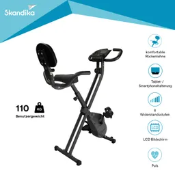 Ein fitnessorientiertes Fahrrad mit Rückenlehne, Tablet-/Smartphonehalterung und einem LCD-Bildschirm. Maximales Benutzergewicht: 110 kg.