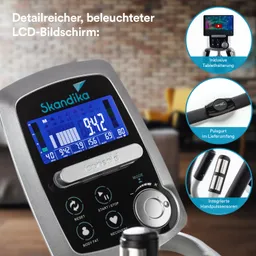 LCD-Bildschirm eines Fitnessgeräts mit blauer Anzeige für Zeit, Distanz und Puls. Beschreibung von Zubehörteilen und Funktionen.