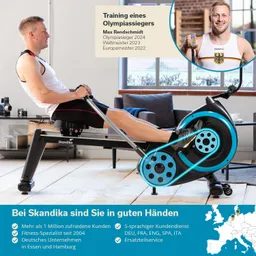 Fitnessgerät zum Rudern mit einer Person, die darauf trainiert. Im Hintergrund sind Fenster und eine Couch sichtbar.