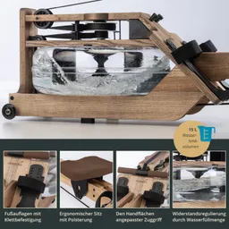 Wassertank-Rudergerät mit Holzrahmen, Sichtfenster für Wasser, verstellbare Fußauflagen und gepolsterter Sitz.