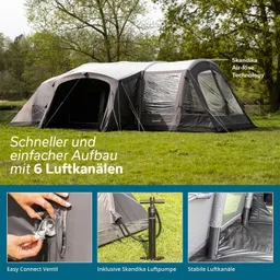 Zelt im Freien mit großen Fenstern und sechs Luftkanälen. Hinweise zu einfacher Handhabung und Zubehör.