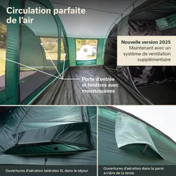 Innenansicht eines Zeltes mit grünen Wänden, Fensteröffnungen und einer Eingangstür. Hinweise zur Belüftung sind sichtbar.
