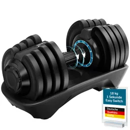 Verstellbare Hantel mit Griff, auf einer Basis. Markierungen für Gewichtseinstellungen sind sichtbar.