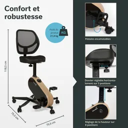 Bürostuhl mit verstellbarem Netzrücken, Sitzfläche und Pedalen. Abmessungen: Höhe 118,5 cm, Breite und Tiefe 75,5 cm. Gewicht: 21,8 kg.