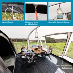 Zelt mit festem Boden, innen sitzende Personen um einen Tisch, darin Campinglampe, Kabellöffnung und Schlafkabine sichtbar.