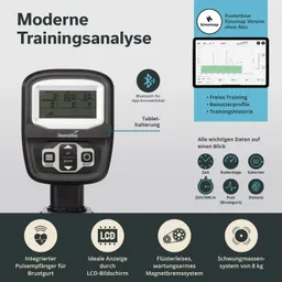 Gerät zur Trainingsanalyse mit LCD-Bildschirm, Tasten für Steuerung, Bluetooth für App-Konnektivität und Tablet-Halterung.