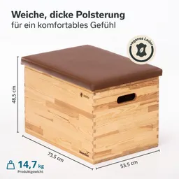 Holzkiste mit braunem, gepolstertem Deckel. Abmessungen: 73,5 cm x 53,5 cm x 48,5 cm, Gewicht 14,7 kg.