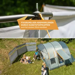Oben: Detailaufnahme von einem Zeltdach mit Abspannleinen. Unten: Zelt mit abnehmbaren Sichtschutzwänden und Personen, die im Freien sitzen.