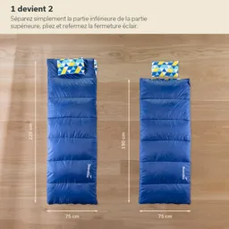 Zwei Schlafsäcke in Blau auf einem Holzuntergrund, einer 220 cm, der andere 190 cm lang, beide 75 cm breit. Kopfkissen mit buntem Muster.
