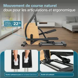 Ergometer mit Holz-Elementen und zwei Fußplatten. Erklärung des Bewegungsmechanismus und der optimalen Fußposition.