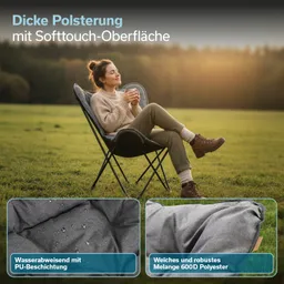 Frau sitzt entspannt in einem Stuhl auf einer Wiese und hält eine Tasse in den Händen. Im Hintergrund Bäume und sanfte Lichtverhältnisse.