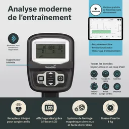 Displays und Funktionen eines Trainingsgeräts von Skandika. Es zeigt einen LCD-Bildschirm mit verschiedenen Messwerten.