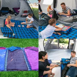 Zeltinnenszenen mit Kindern, die Karten spielen, und Erwachsenen, die lesen. Schlafsäcke in verschiedenen Farben liegen außen.