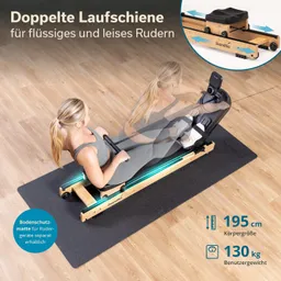 Rudergerät mit doppelt laufender Schiene auf einem Bodenbelag, Person in sportlicher Kleidung trainiert, Maßangaben sichtbar.