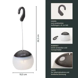 Eine hängende Lampe mit einem ovalen, weißen Gehäuse und einem schwarzen Deckel. Der Aufhänger ist an einem dünnen Kabel befestigt. Maße rechts angezeigt.