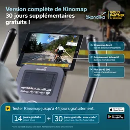 Tablet zeigt eine interaktive Trainingsanwendung mit einer Radfahransicht und Leistungsdaten. Produktdetails von Skandika.