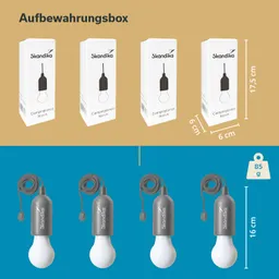 Aufbewahrungsbox mit vier Verpackungen von Campinglampen und drei Lampen mit Kabel in grau, jeweils mit Maßen und Gewicht.