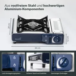Gaskocher aus rostfreiem Stahl und Aluminium mit Maßen 34 cm x 28 cm x 12 cm, inklusive Gasregler und Sicherheitsmerkmalen.