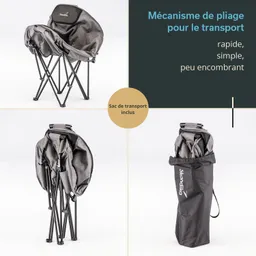 Faltstuhl aus grauem Stoff mit schwarzem Rahmen, zusammengeklappt und in einem tragbaren Sack. Text über Klappmechanismus.