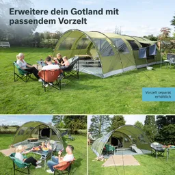 Grün-gestreiftes Zelt auf einer Wiese, umgeben von Personen in Campingstühlen, die Getränke und Snacks genießen.