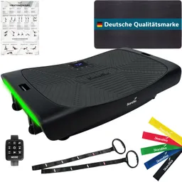 Vibrationsplatte mit Display, grüner Beleuchtung, zwei Widerstandsbändern in verschiedenen Farben und Bedienungsfernbedienung.