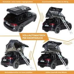 Dachzelt auf einem schwarzen SUV. Soffits in verschiedenen Positionen zeigen den automatischen Aufbau. Klappbare Leiter sichtbar.