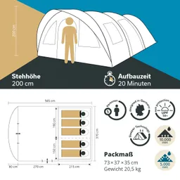 Zeltillustration mit Stehhöhe von 200 cm, Aufbaumaßnahmen, Abmessungen, Kapazität für 5 Personen und Packmaß.