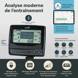 Gerät zur Trainingsanalyse mit LCD-Display, Bluetooth-Verbindung, Pulssensor und einstellbarer Widerstand.