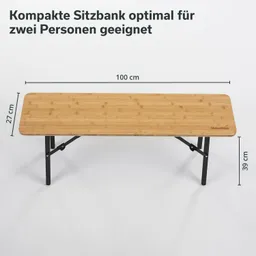 Kompakte Sitzbank aus Bambus, geeignet für zwei Personen. Maße: 100 cm lang, 27 cm hoch, 39 cm breit. Schwarzes Gestell.