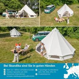 Zelt in einer Wiese, mit mehreren Personen, die an einem Tisch sitzen. Ein Fahrzeug steht daneben. Umgeben von Bäumen.