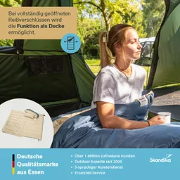 Eine Person sitzt in einem Zelt und hält eine Tasse. Sie trägt ein helles T-Shirt. Im Hintergrund ist ein grünes Zelt und Bäume zu sehen.