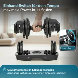 Doppeltes Hantelgerät mit einem Griff. Beschreibung von Gewichtsänderungssystem und ein Handbetrieb in einem modernen Raum.