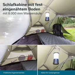 Schlafkabine mit fest eingenähtem Boden. Innenaufnahme zeigt Matratze, Taschen und eins Licht. Grün und hell, natürliche Umgebung.