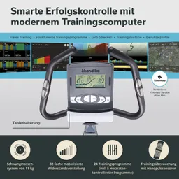 Bild eines Heimtrainers mit digitalem Trainingscomputer und Tablet-Halterung. Informationen zu Funktionen und Trainingsprogrammen sind sichtbar.