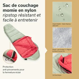 Schlafsack in Mumienform, grün und rot, mit Reißverschluss und Innenschutz. Informationen zu Materialien und Eigenschaften.