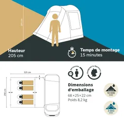 Zelt mit Angaben zur Höhe (205 cm), Montagezeit (15 Minuten) und Abmessungen. Schema mit Platz für 2-4 Personen.
